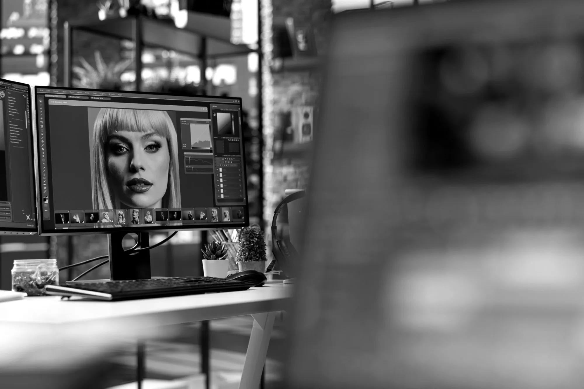 A portrait being retouched on a designer’s monitor