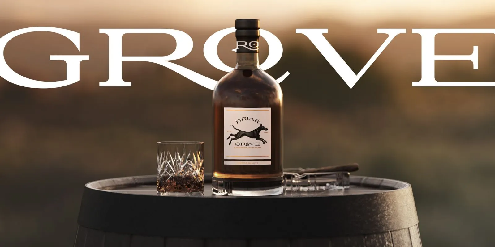 Briar Grove whisky bottle on a barrel
