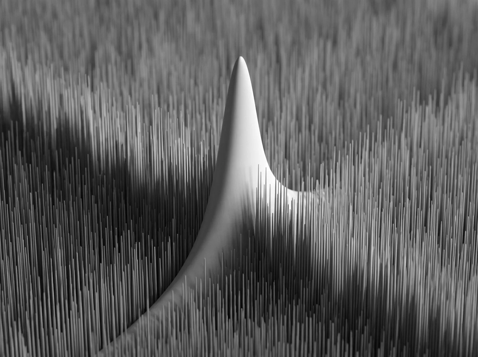 A single smooth peak rising from a field of lines