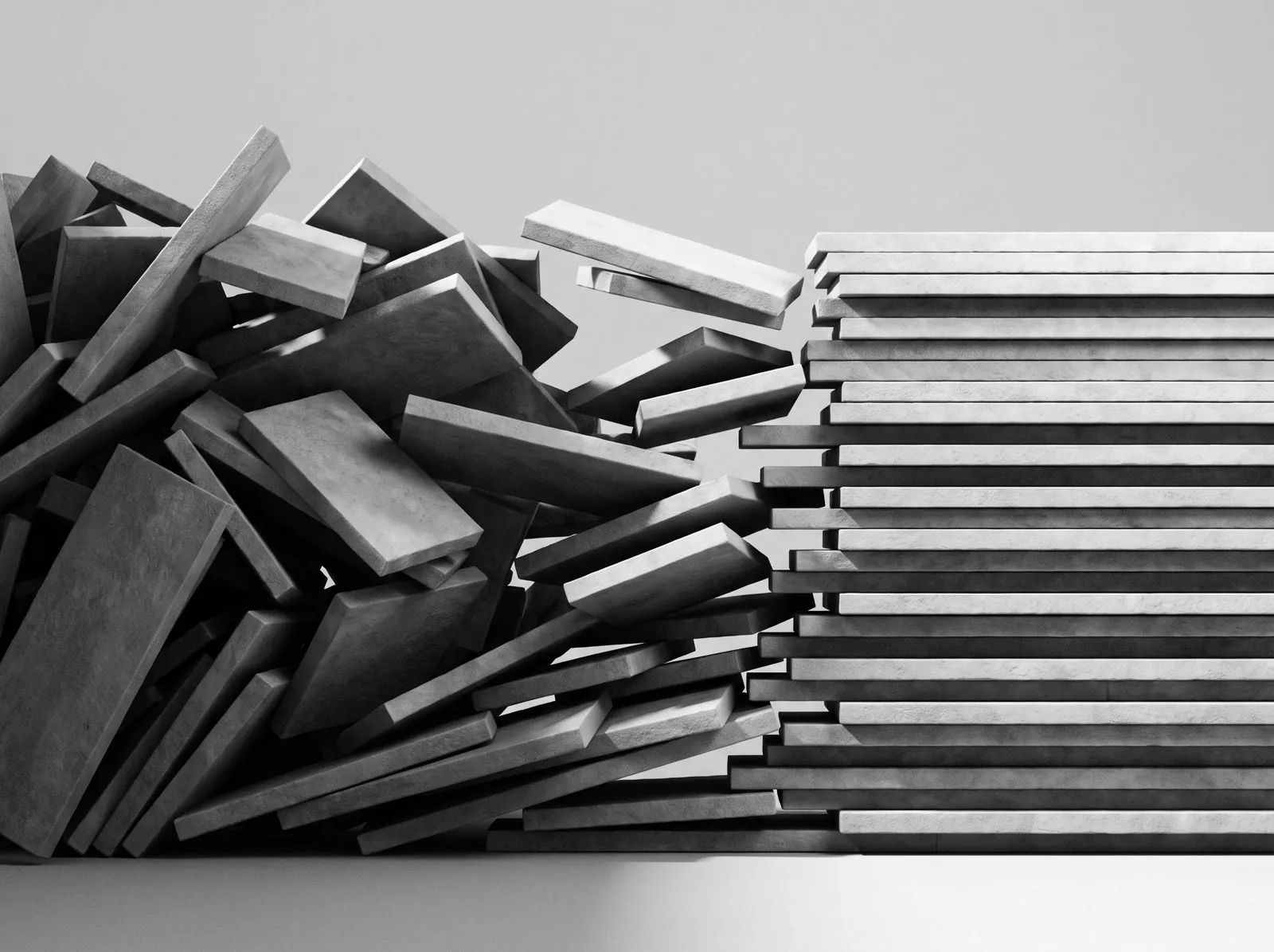 Scattered slabs aligning into an ordered stack