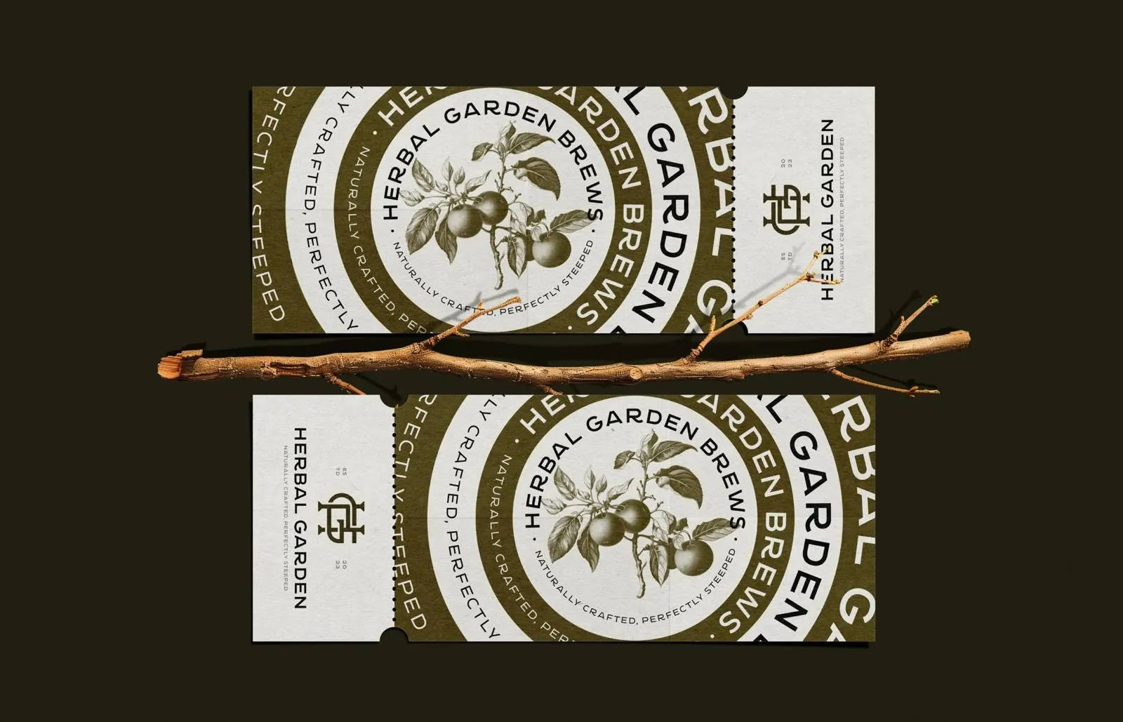 Herbal Garden Brews labels on a branch