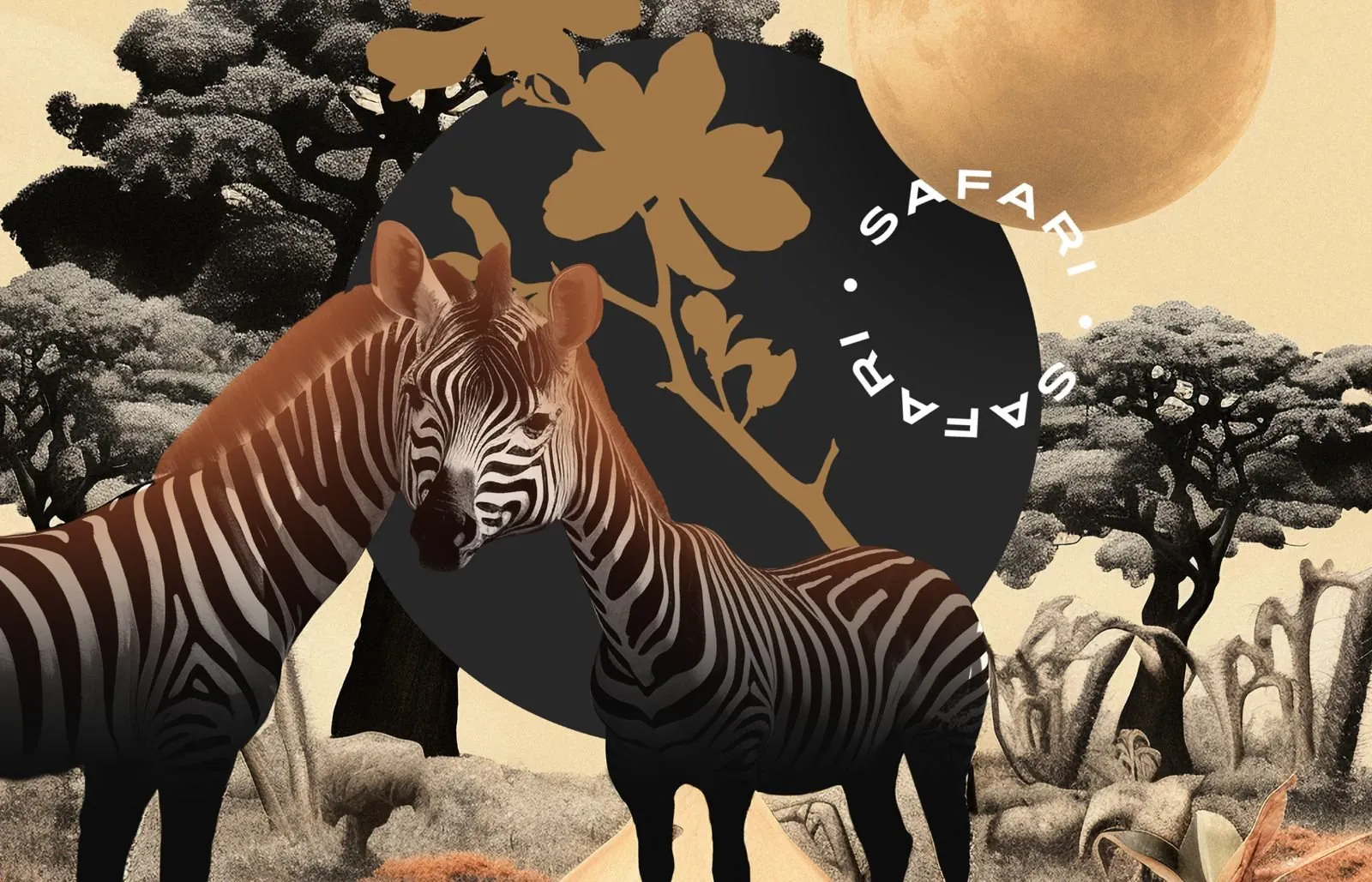 Safari collage of zebras and acacia trees