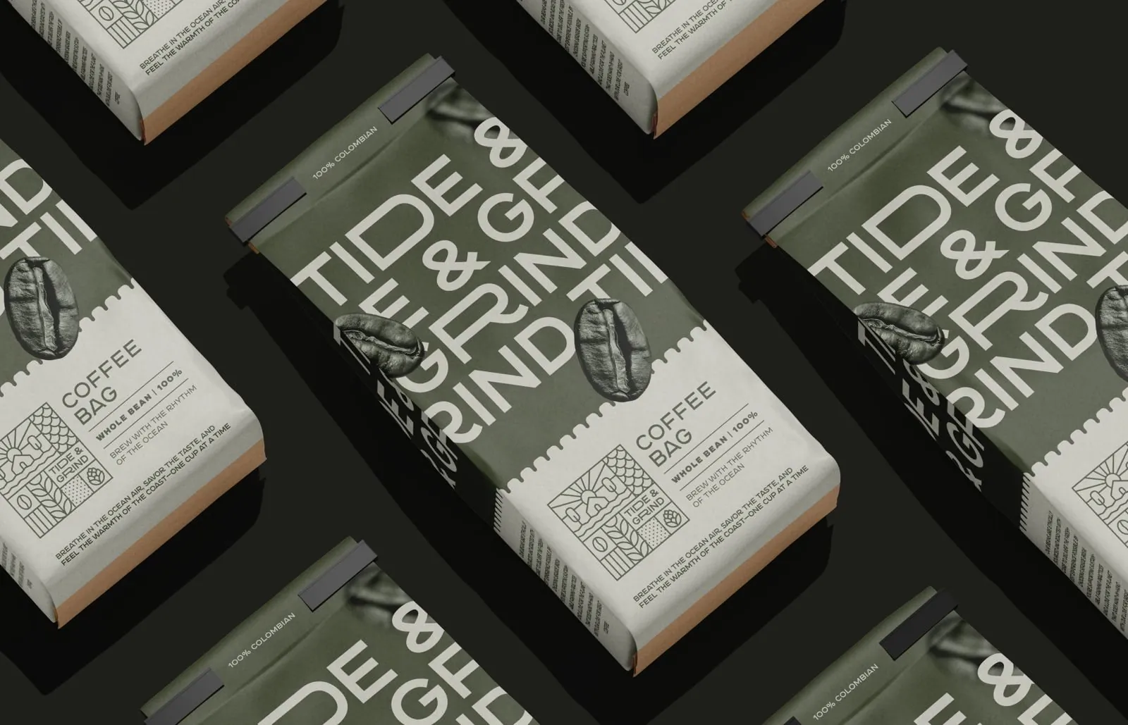 Tide & Grind coffee bags in a row