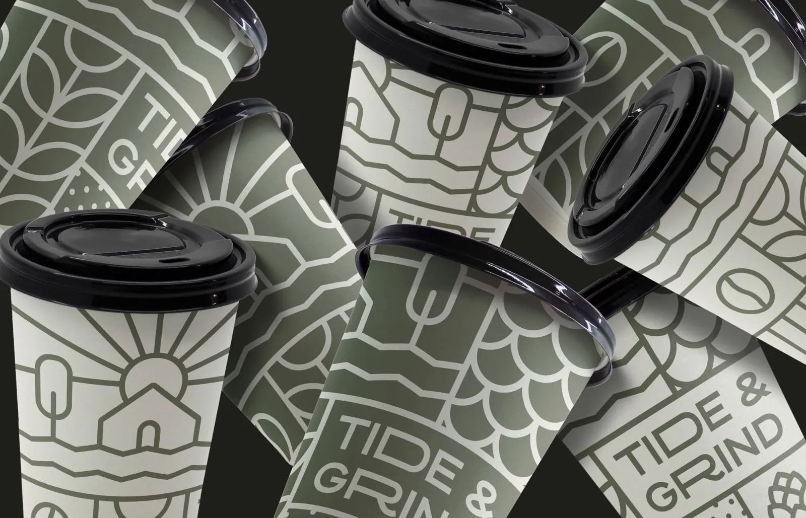Tide & Grind cups with coastal pattern